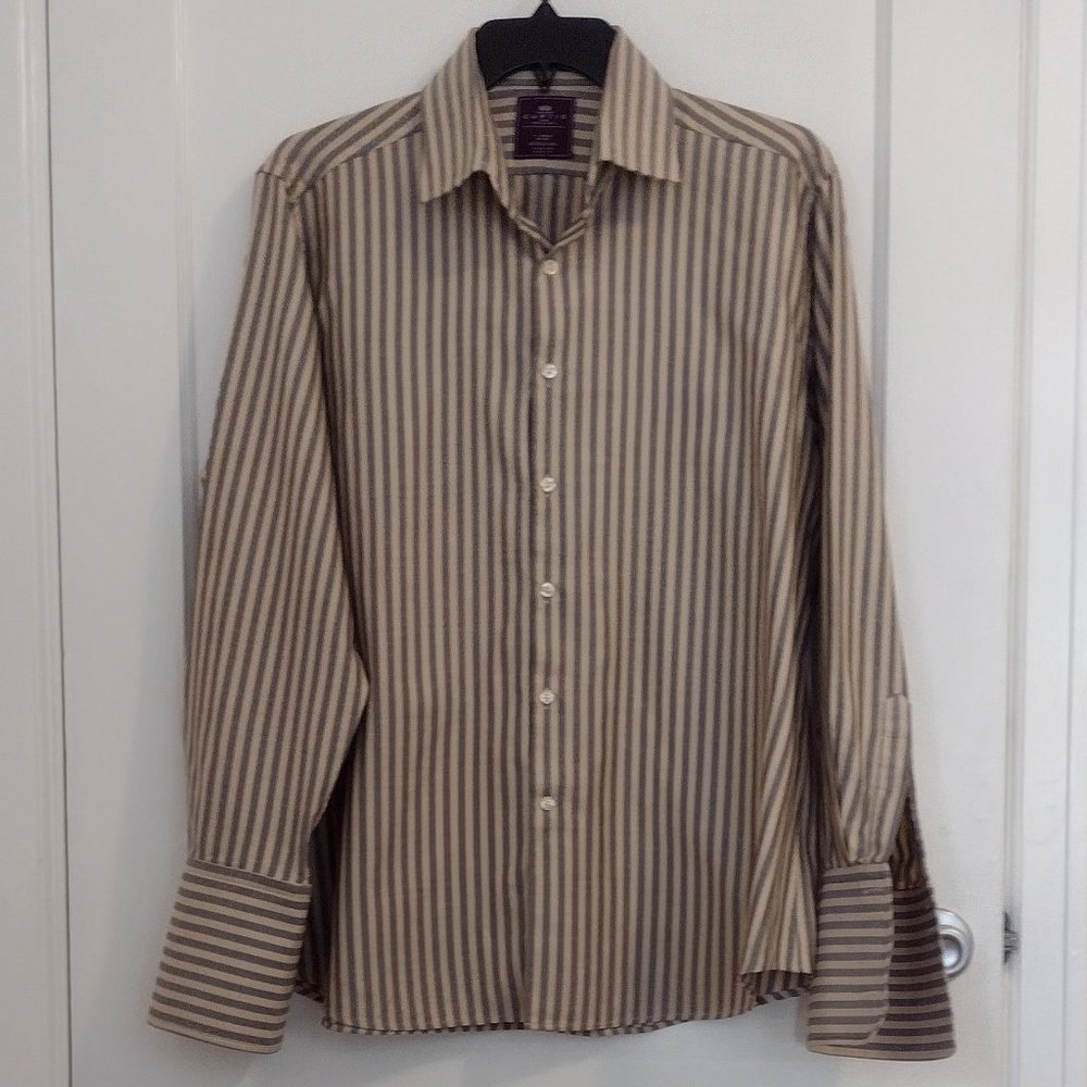 Hawes & Curtis Men's Dress Shirt XL Tan Gray French Cuffs Stirling Slim Fit